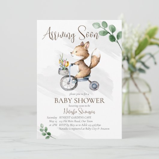 まもなく到着する小さなキツネ乗り自転車の赤ちゃんシャワー 招待状 (スタンド正面)