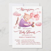 まもなく到着する小さなパイロットピンクのテディベア 招待状 (正面)