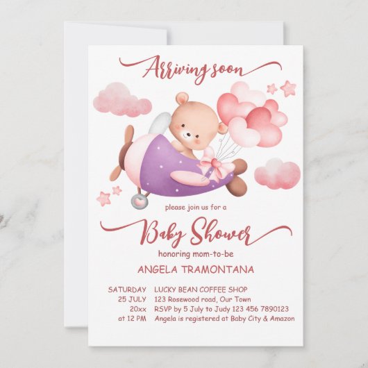 まもなく到着する小さなパイロットピンクのテディベア 招待状 (正面)