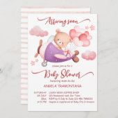 まもなく到着する小さなパイロットピンクのテディベア 招待状 (正面/裏面)