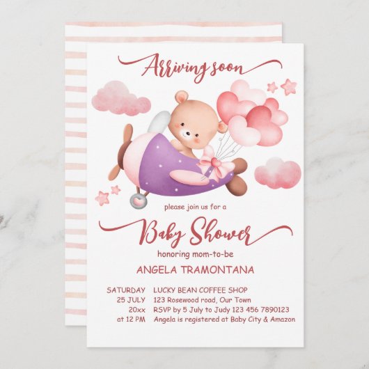 まもなく到着する小さなパイロットピンクのテディベア 招待状 (正面/裏面)