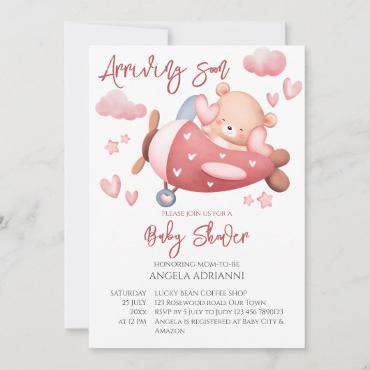 まもなく到着ピンクのテディベア小さなパイロット 招待状 (正面)