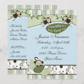 まる、ストライプ、葉と猿のベビーシャワー 招待状 (正面/裏面)