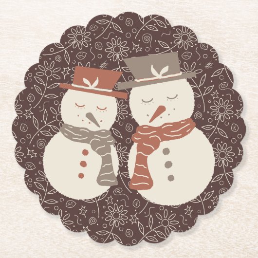 まろやかな雪だるま- 2かわいい雪だるまカップル赤。 ペーパーコースター (正面)