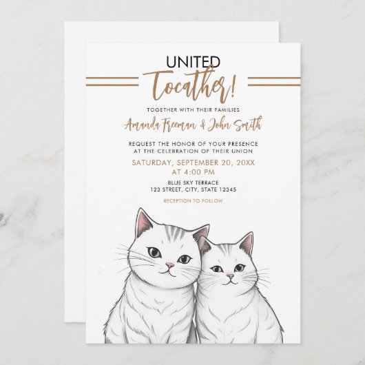 まんが茶色と白のかわいい結婚猫 招待状 (正面/裏面)