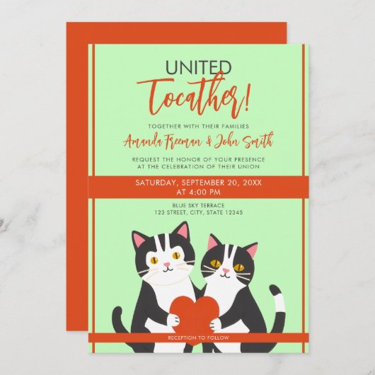 まんが赤と白のかわいい猫とハート結婚ズ 招待状 (正面/裏面)