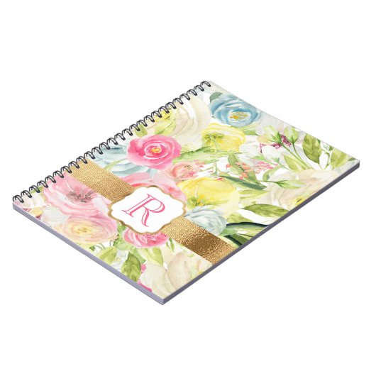 みすぼらしいシックかわいらしなピンクの水カラーバラモノグラム ノートブック (左側)