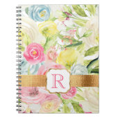 みすぼらしいシックかわいらしなピンクの水カラーバラモノグラム ノートブック (正面)