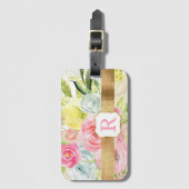 みすぼらしいシックかわいらしなピンクの水カラーバラモノグラム ラゲッジタグ (正面縦)