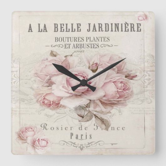 みすぼらしいシックで素朴な、ヴィンテージ、フローラ、コラージュ、カントリー スクエア壁時計 (正面)