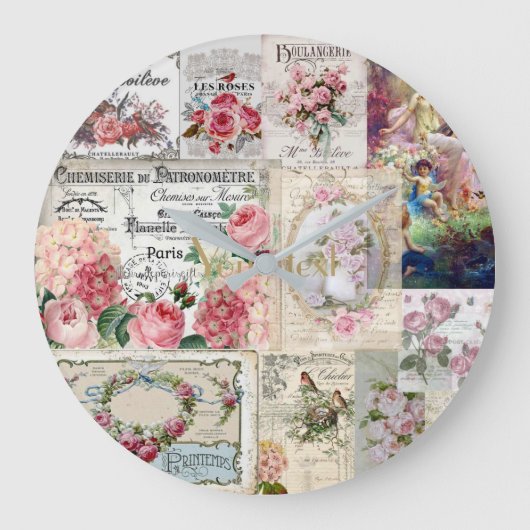 みすぼらしいシックなコラージュビクトリアン、カントリー、デコページ、モ ラージ壁時計 (正面)