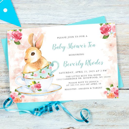 みすぼらしいシックなバニーベビーシャワーティーパーティー 招待状