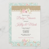 みすぼらしいシックなバーラップ&レースガールベビーシャワー 招待状 (正面/裏面)