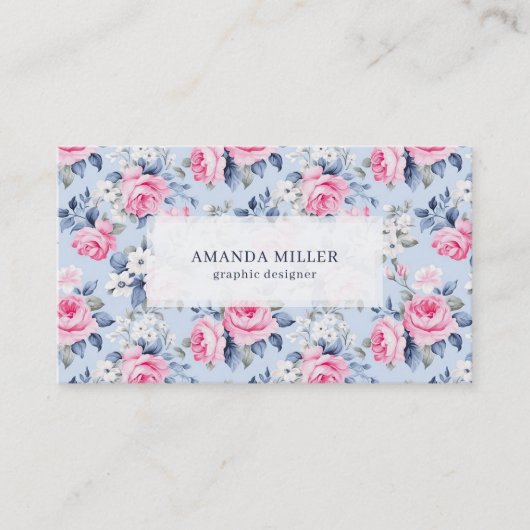 みすぼらしいシックなパステルピンクのバラの模様オンブルー 名刺 (正面)