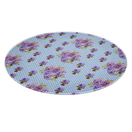みすぼらしいシックなパンジーフローラブルーギンガムチェック カッティングボード (角)