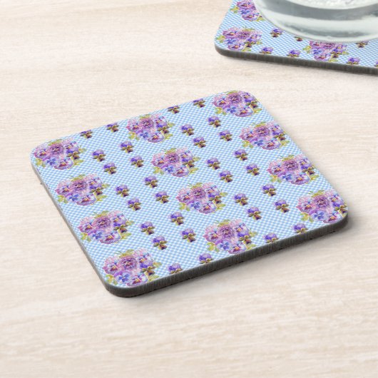 みすぼらしいシックなパンジーフローラブルーギンガムチェック コースター (左側)