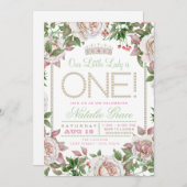 みすぼらしいシックなパールリトルレディ1st誕生日 招待状 (正面/裏面)