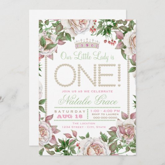 みすぼらしいシックなパールリトルレディ1st誕生日 招待状 (正面/裏面)