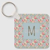 みすぼらしいシックなピンクとブルーのコテージバラと花 キーホルダー (正面)