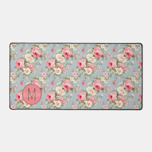 みすぼらしいシックなピンクとブルーのコテージバラと花 デスクマット (正面)