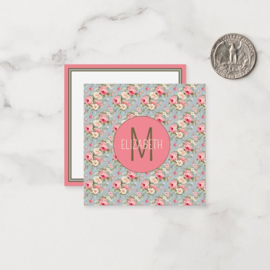 みすぼらしいシックなピンクとブルーのコテージバラと花 ノートカード (正面/裏面インサイチュ)