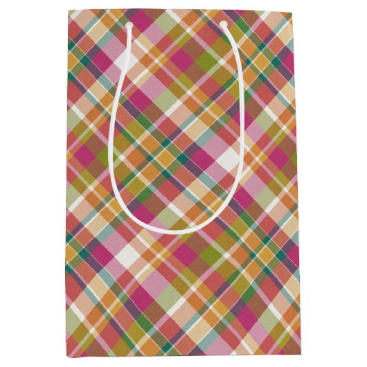 みすぼらしいシックなピンクのオレンジ色の緑の白いギンガム ミディアムペーパーバッグ (正面)