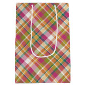 みすぼらしいシックなピンクのオレンジ色の緑の白いギンガム ミディアムペーパーバッグ (裏面)