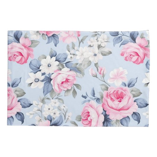 みすぼらしいシックなピンクのバラと白い花柄 枕カバー (裏面-左)