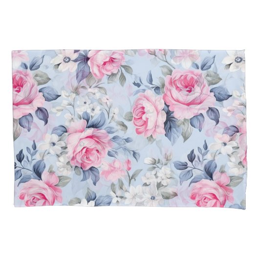 みすぼらしいシックなピンクのバラと白い花柄 枕カバー (正面左)