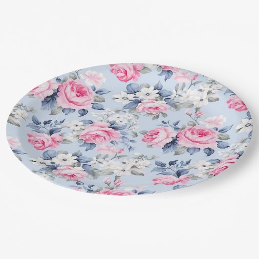 みすぼらしいシックなピンクのバラのシームレスパターン ペーパープレート (アングル)
