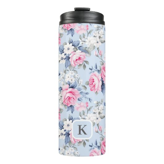 みすぼらしいシックなピンクのバラの白い花柄 タンブラー (正面)