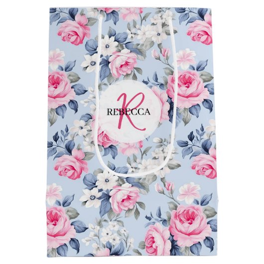 みすぼらしいシックなピンクのバラ模様モノグラム ミディアムペーパーバッグ (裏面)