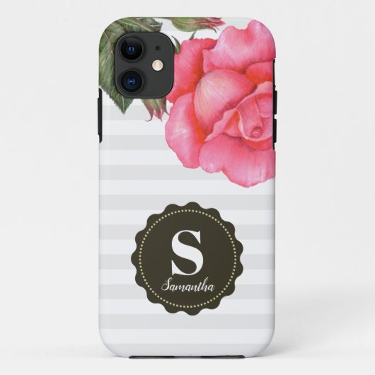 みすぼらしいシックなピンクのバラ灰色の白ストライプ色のパターン Case-Mate iPhoneケース (裏面)