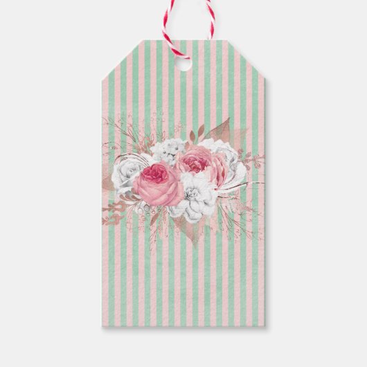 みすぼらしいシックなピンクのブーケのストライプ ギフトタグ (正面)