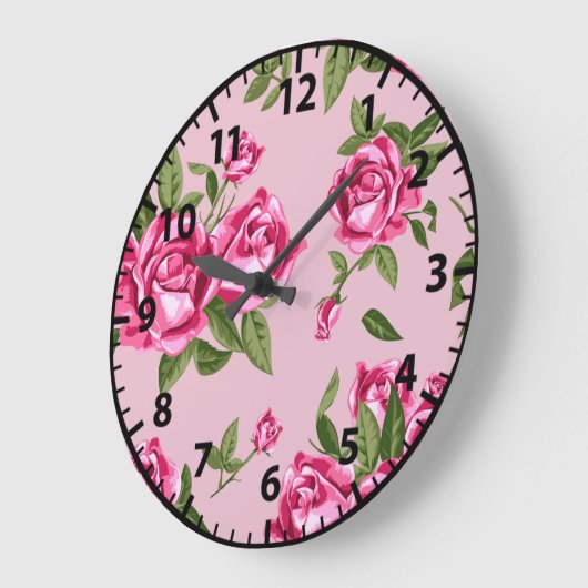 みすぼらしいシックなピンクのローズパターンバラ ラージ壁時計 (傾斜)