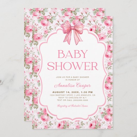 みすぼらしいシックなピンクの弓ベビーシャワー 招待状 (正面/裏面)