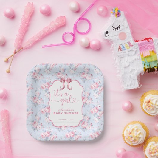 みすぼらしいシックなピンクボウ女の子の赤ちゃんシャワー ペーパープレート (パーティー)