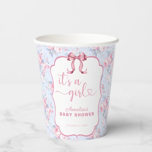 みすぼらしいシックなピンクボウ女の子の赤ちゃんシャワー 紙コップ (裏面)