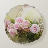 みすぼらしいシックなピンク色のバラがバスケットウォーター色 ラウンドクッション (裏面)