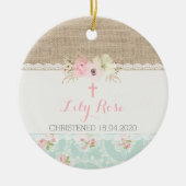みすぼらしいシックなピンク、ミント、レース&バーラップ宗教 セラミックオーナメント (正面)