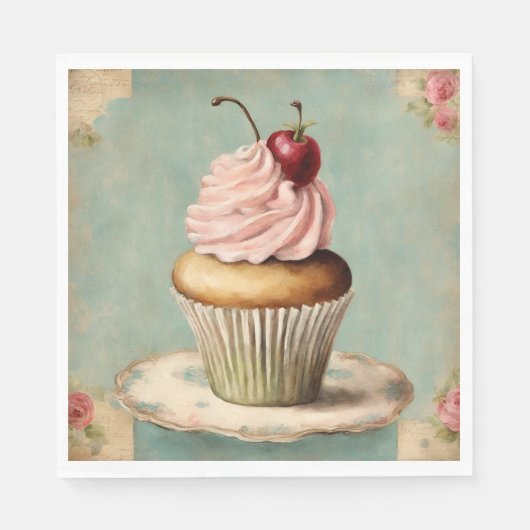 みすぼらしいシックなフランスのヴィンテージカントリーピンクカップケーキ スタンダードランチョンナプキン (正面)