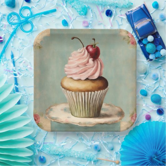 みすぼらしいシックなフランスのヴィンテージカントリーピンクカップケーキ ペーパープレート (パーティー)