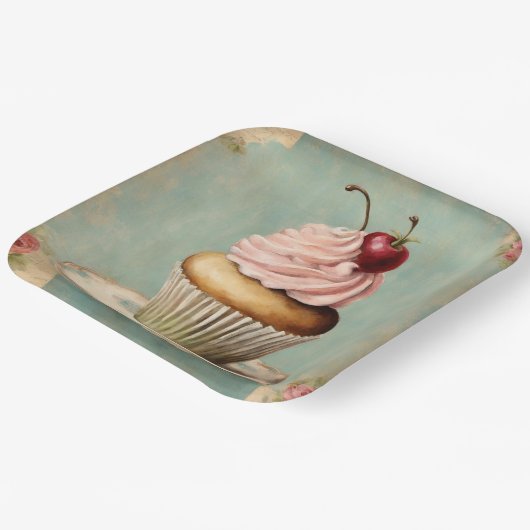 みすぼらしいシックなフランスのヴィンテージカントリーピンクカップケーキ ペーパープレート (傾斜あり)