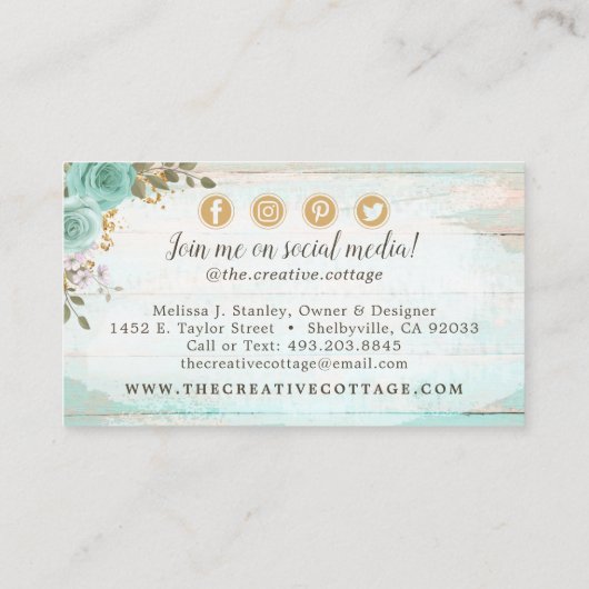 みすぼらしいシックなフローラ素朴ウッドのソーシャルメディアのアイコン 名刺 (裏面)