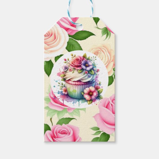 みすぼらしいシックなフローラ誕生日カップケーキの行き来 ギフトタグ (正面)