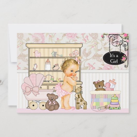 みすぼらしいシックなベビーガールピンクベビーシャワー招待状 招待状 (正面)