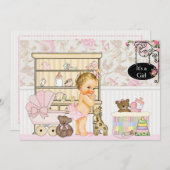みすぼらしいシックなベビーガールピンクベビーシャワー招待状 招待状 (正面/裏面)