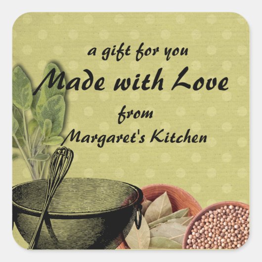 みすぼらしいシックなボウルのウィスクハーブのスパイスギフトラベルラベル スクエアシール (正面)