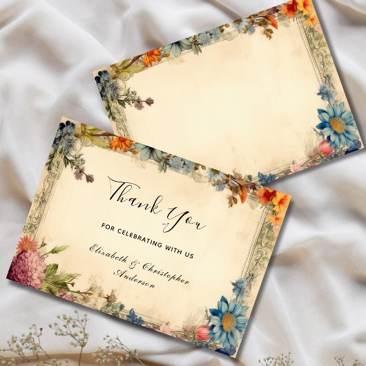 みすぼらしいシックなワイルドフラワーズアンティークヴィンテージウェディング サンキューカード