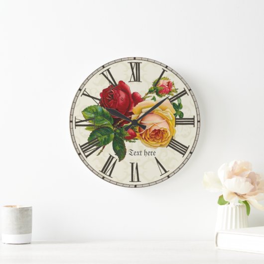 みすぼらしいシックなヴィンテージアートの花に名前を付けるバラ ラージ壁時計 (ホーム)